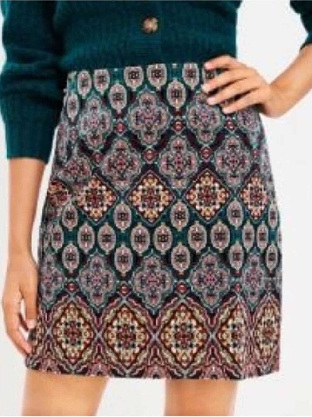 LOFT Corduroy Printed Teal Mosaic A-Line Skirt